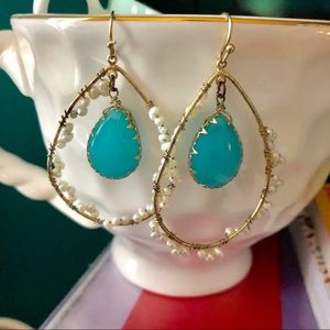 Pearl, Gold, and Turquoise Stone Earrings